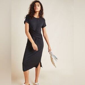 Anthropology dark charcoal Gray Midi Dress short sleeve wrap twist front Size L